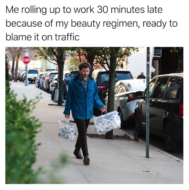 CeraVe social post showing a man carrying skincare products, captioned about arriving late to work because of a beauty regimen.