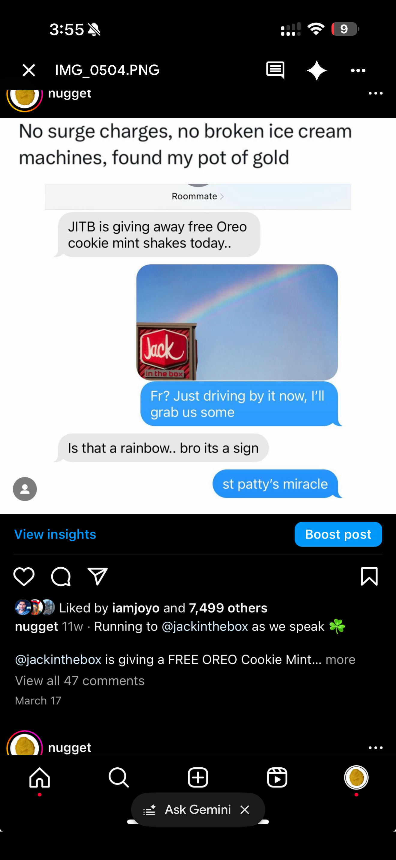 Jack in the Box meme shared by @nugget: a text conversation about free Oreo Cookie Mint shakes, with a rainbow above the restaurant sign.
